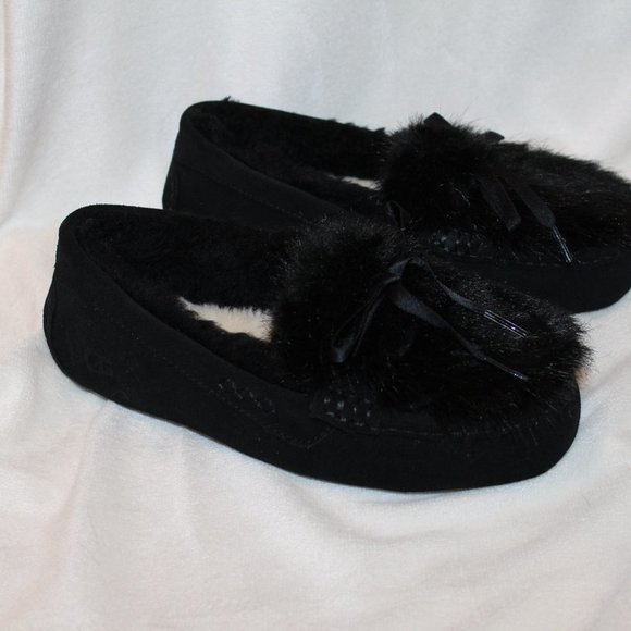 NEW UGG ANSLEY SHAINE SLIP ON FLUFF SUEDE SHEARLING LINED SLIPPERS BLACK - Picture 5 of 9